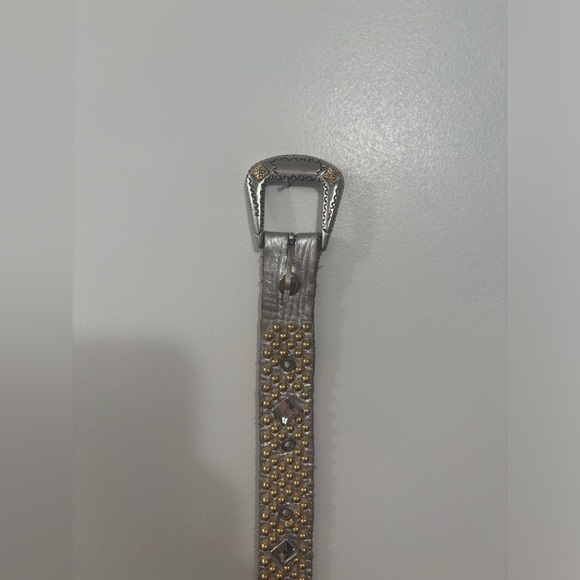 genuine leather belt silver strap with sparkling rhinestones and gold bulb studs - Picture 1 of 12